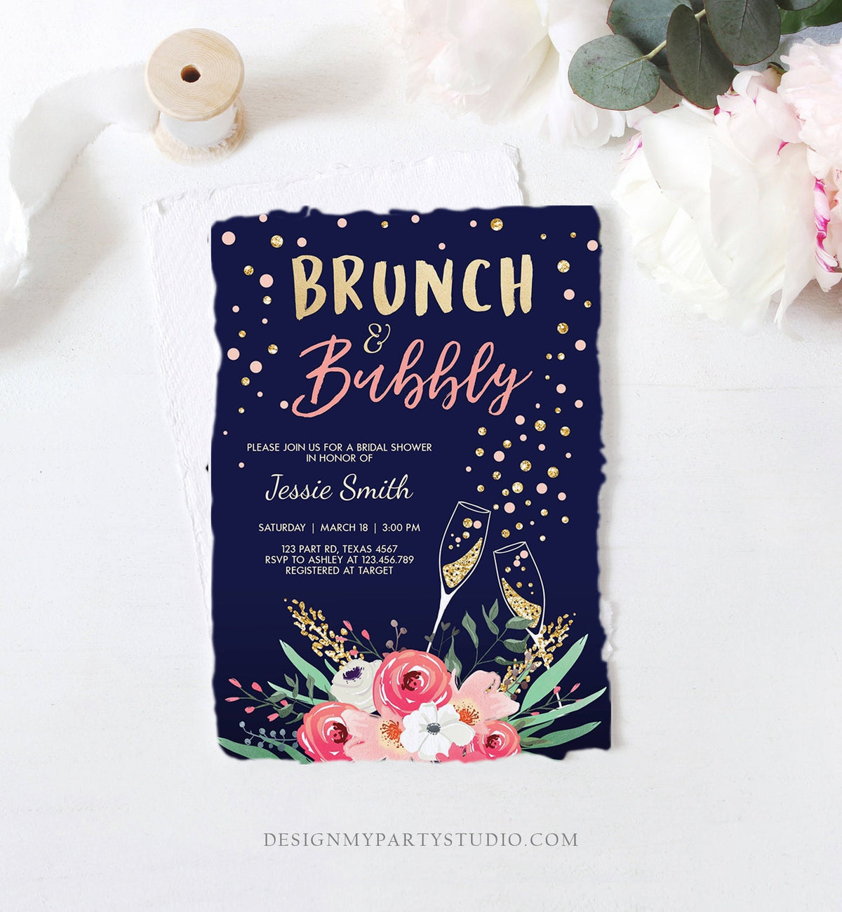 Editable Brunch and Bubbly Bridal Shower Invitation Floral Champagne Gold Pink Navy Wedding Download Printable Template Digital Corjl 0030
