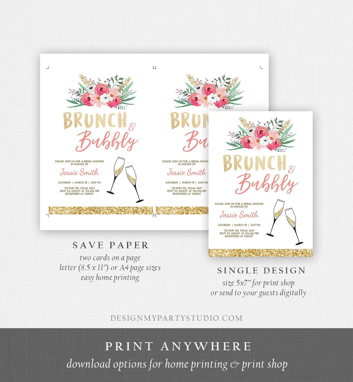 Editable Brunch and Bubbly Bridal Shower Invitation Floral Champagne Gold Pink Wedding Download Printable Template Digital Corjl 0318
