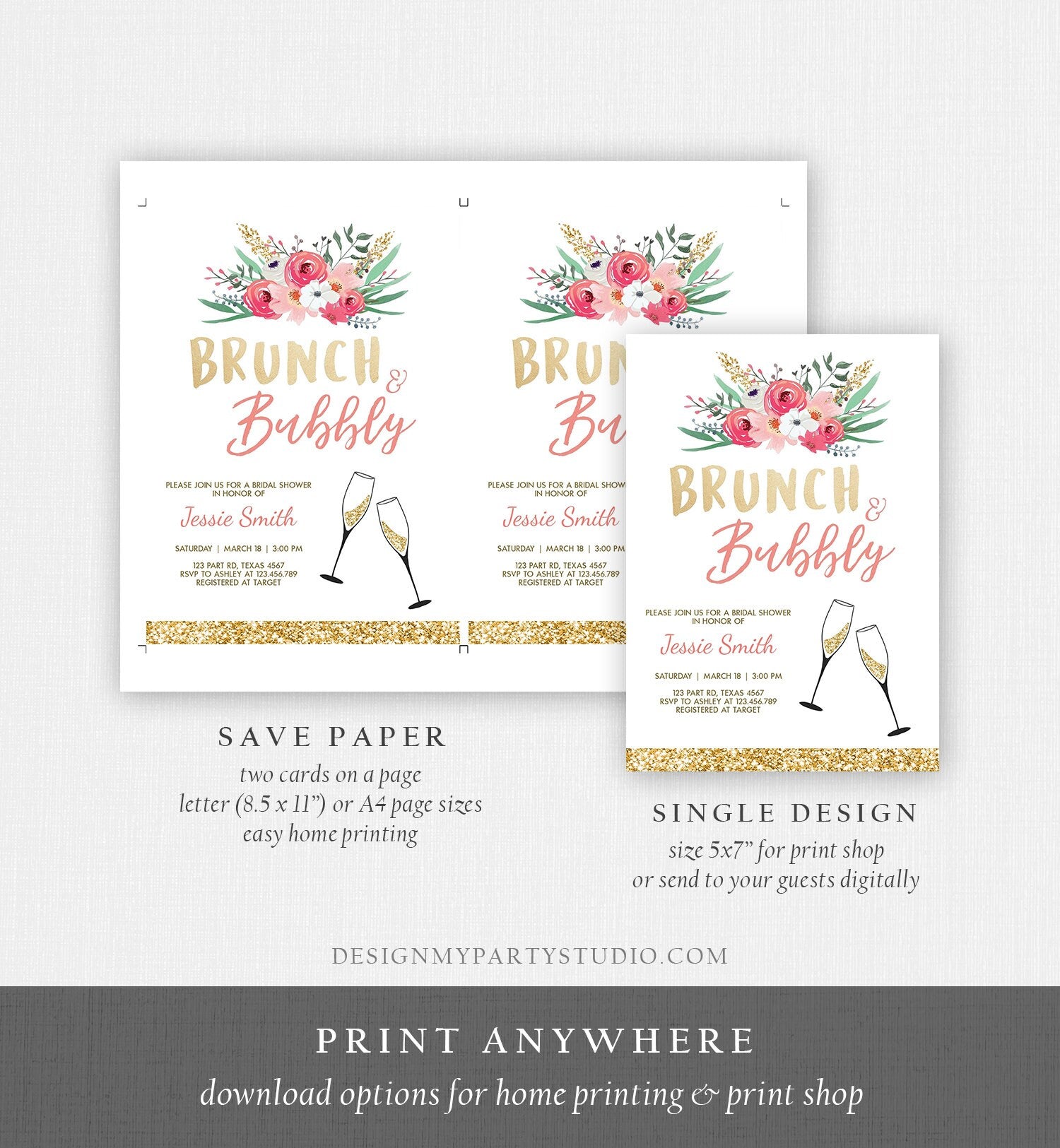 Editable Brunch and Bubbly Bridal Shower Invitation Floral Champagne Gold Pink Wedding Download Printable Template Digital Corjl 0318