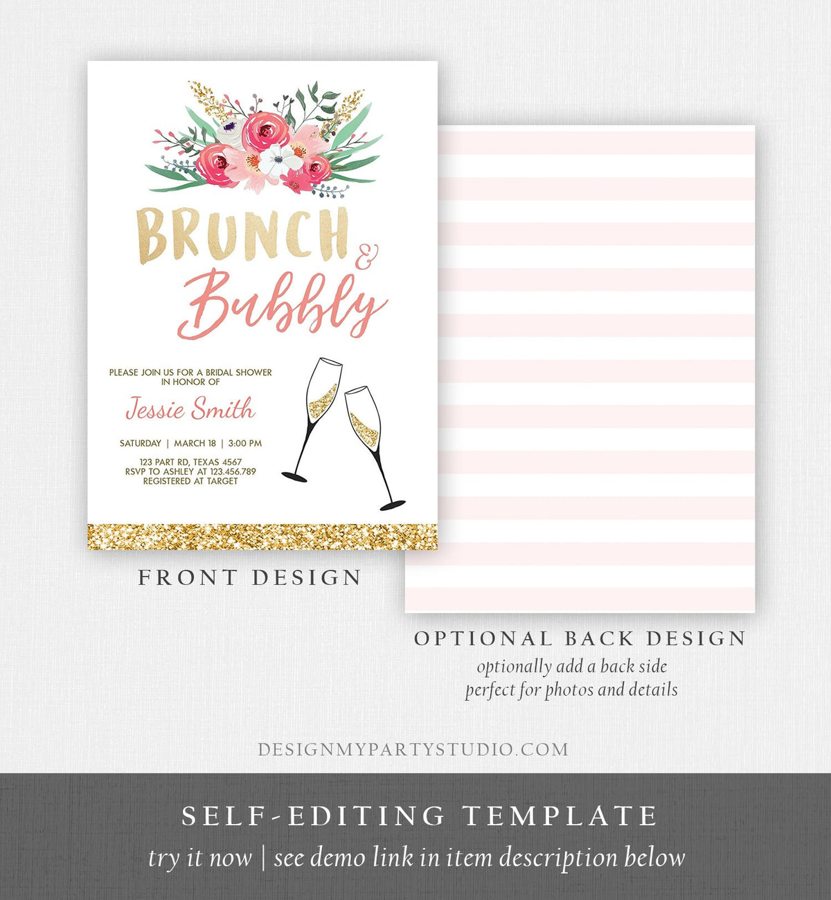 Editable Brunch and Bubbly Bridal Shower Invitation Floral Champagne Gold Pink Wedding Download Printable Template Digital Corjl 0318
