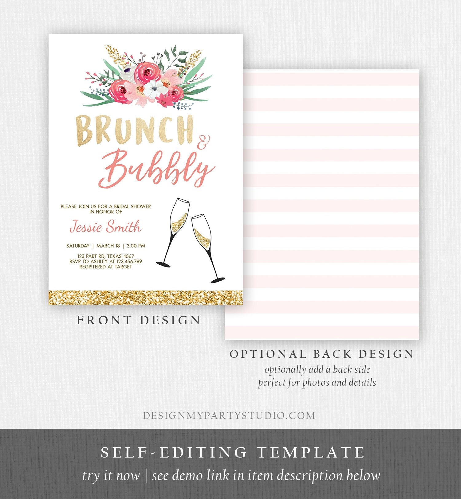 Editable Brunch and Bubbly Bridal Shower Invitation Floral Champagne Gold Pink Wedding Download Printable Template Digital Corjl 0318