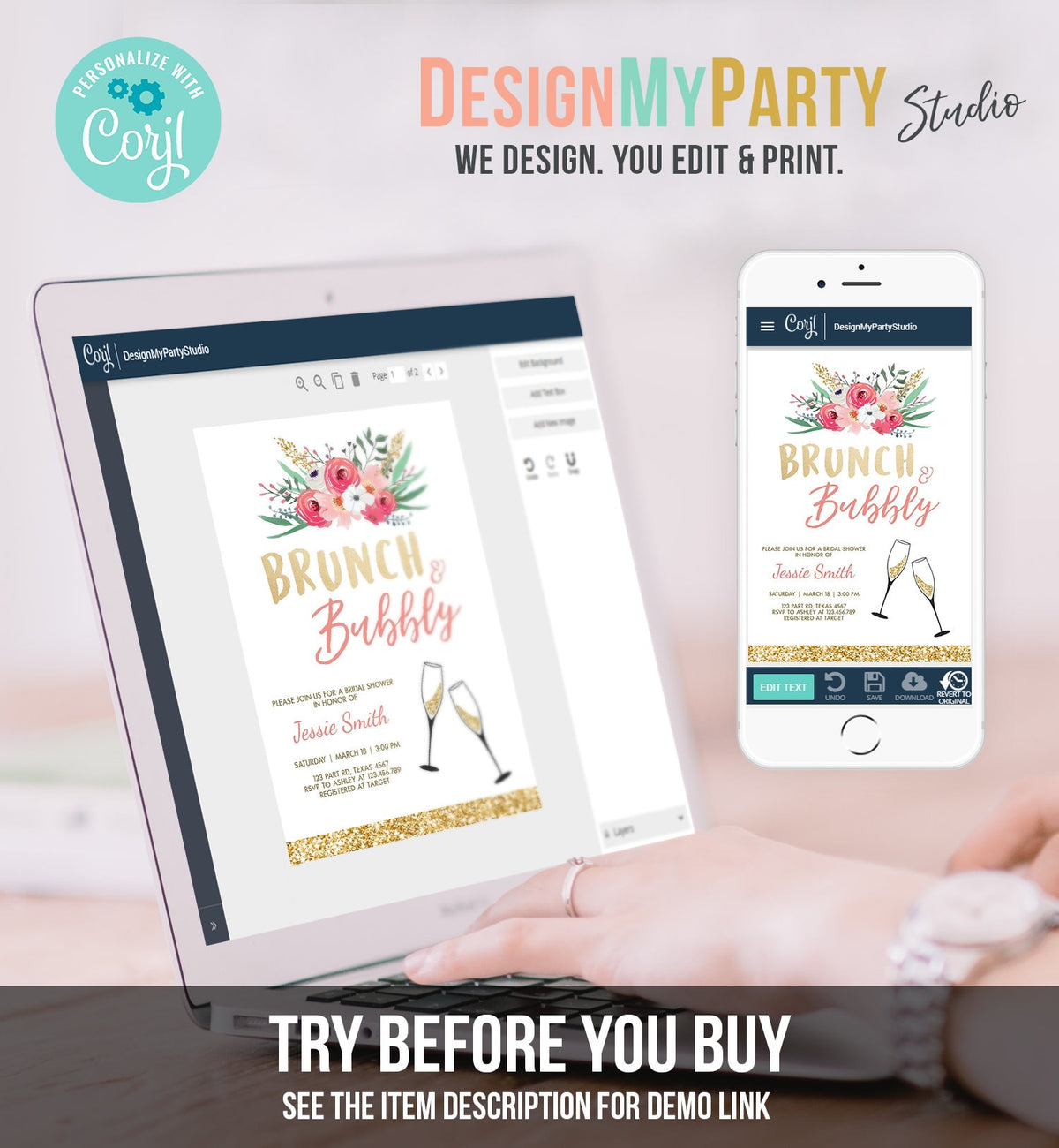 Editable Brunch and Bubbly Bridal Shower Invitation Floral Champagne Gold Pink Wedding Download Printable Template Digital Corjl 0318