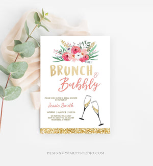 Editable Brunch and Bubbly Bridal Shower Invitation Floral Champagne Gold Pink Wedding Download Printable Template Digital Corjl 0318