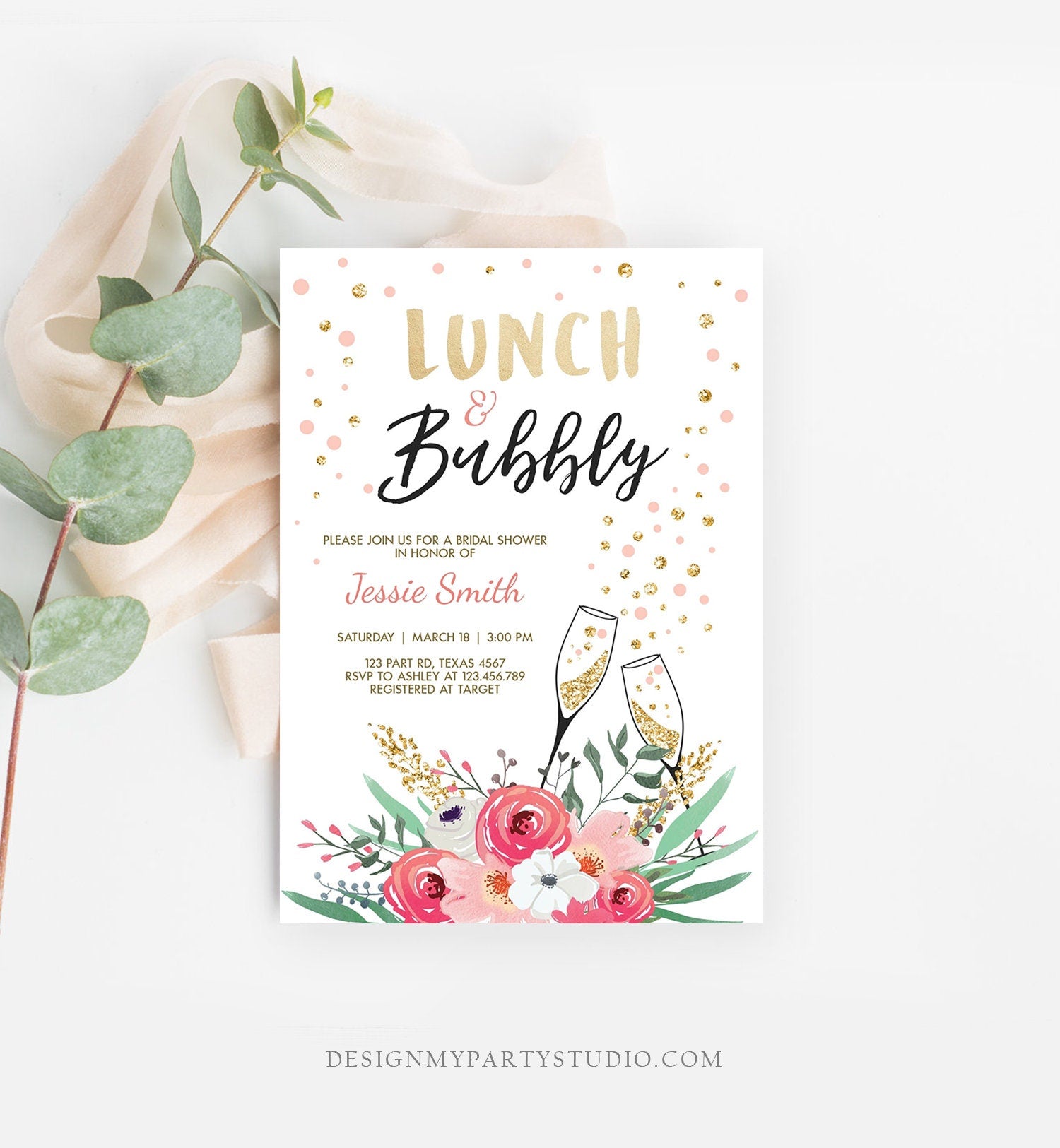 Editable Lunch and Bubbly Bridal Shower Invitation Floral Champagne Gold Pink Wedding Brunch Download Printable Template Digital Corjl 0318