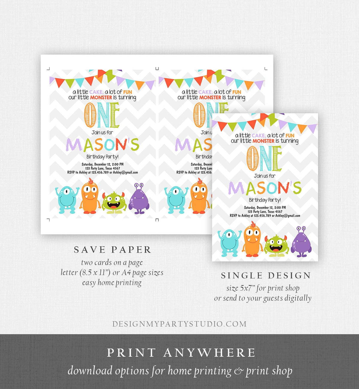 Editable Monster Birthday Invitation 1st Birthday Little Monster First Birthday Invite Boy Instant Download Printable Template Corjl 0058