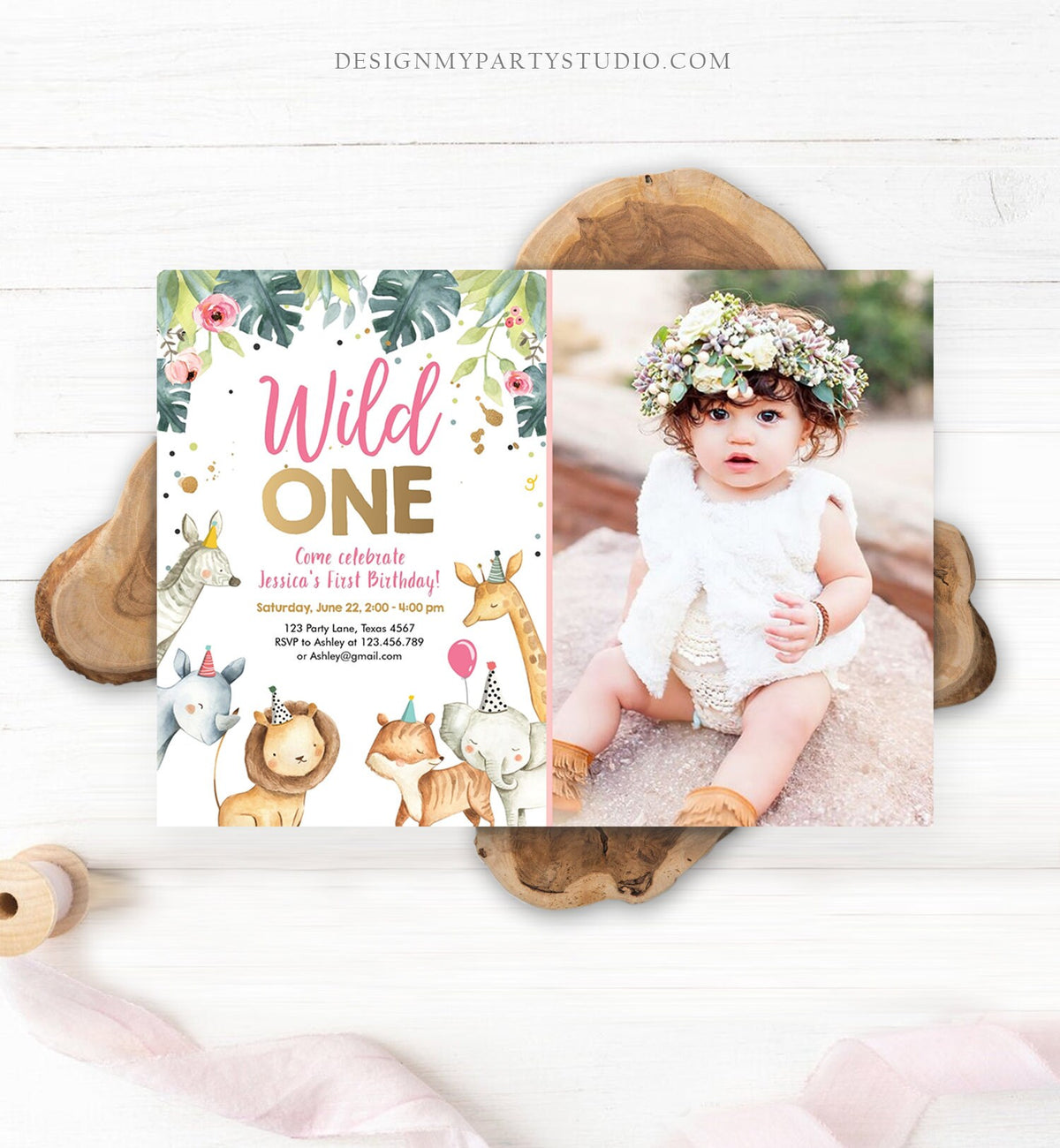 Editable Wild One Birthday Invitation Girl Safari Animals Invite Pink and Gold Party Animals Download Printable Template Corjl Digital 0163