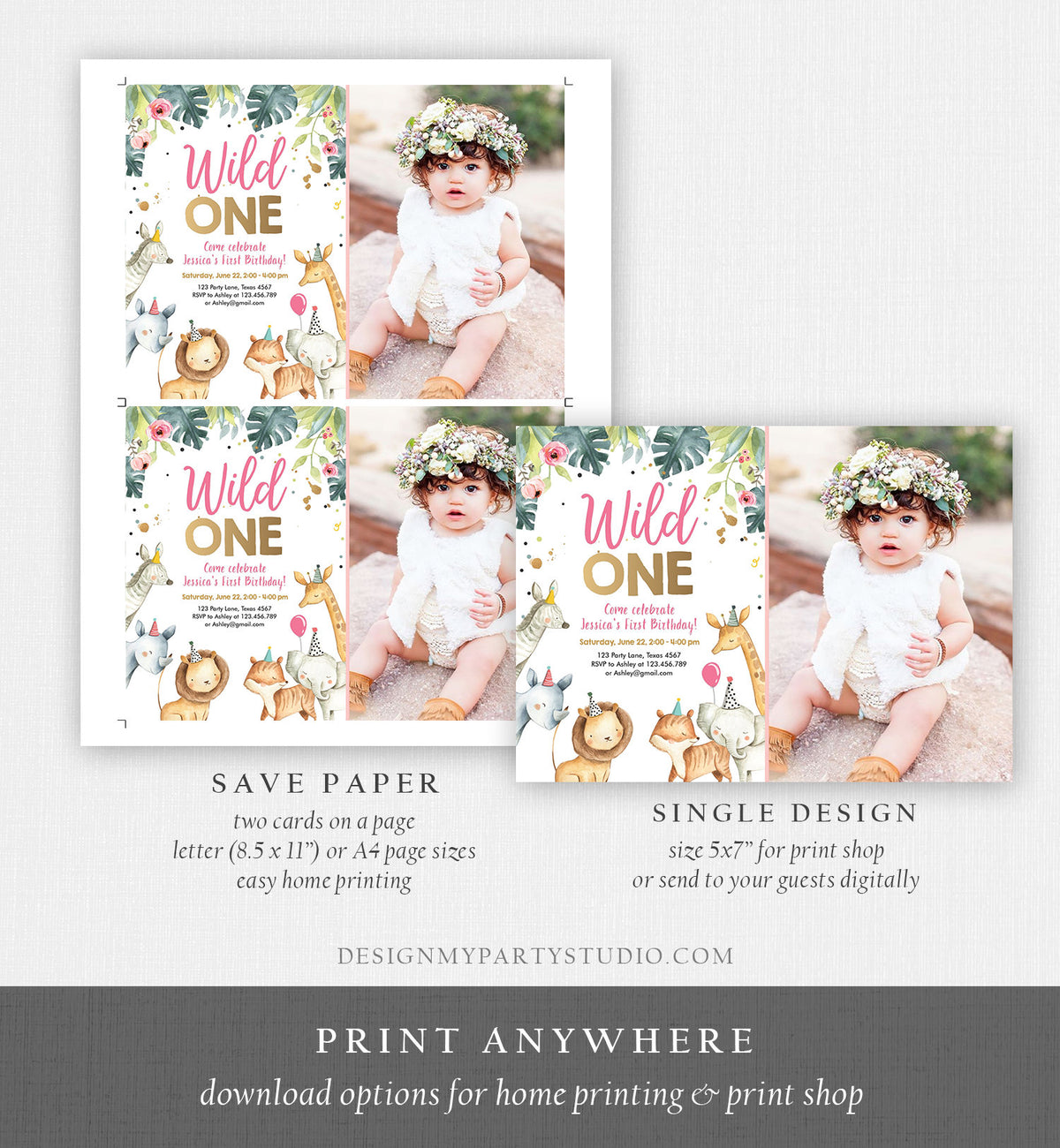 Editable Wild One Birthday Invitation Girl Safari Animals Invite Pink and Gold Party Animals Download Printable Template Corjl Digital 0163