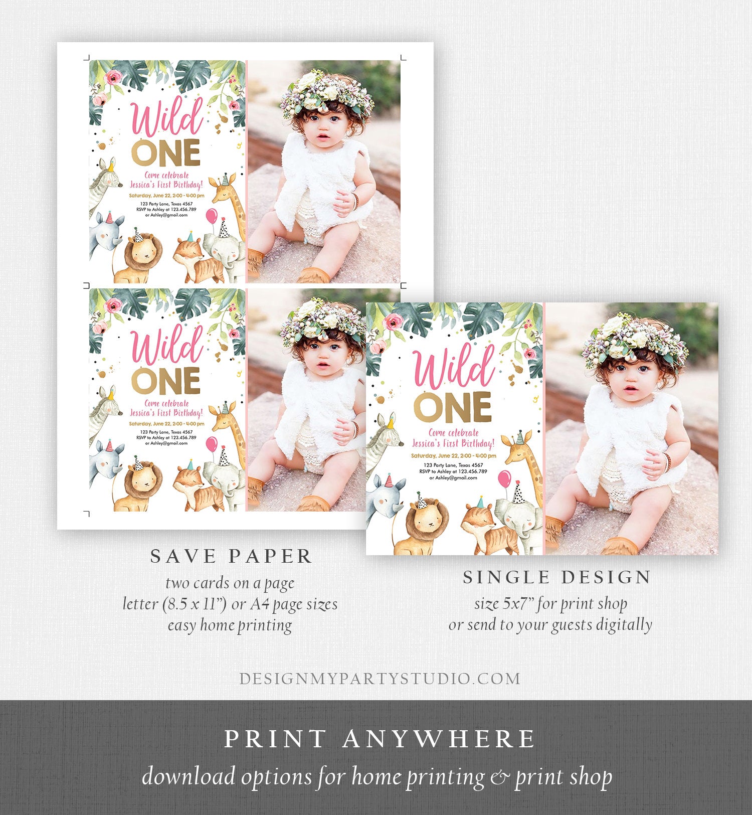 Editable Wild One Birthday Invitation Girl Safari Animals Invite Pink and Gold Party Animals Download Printable Template Corjl Digital 0163