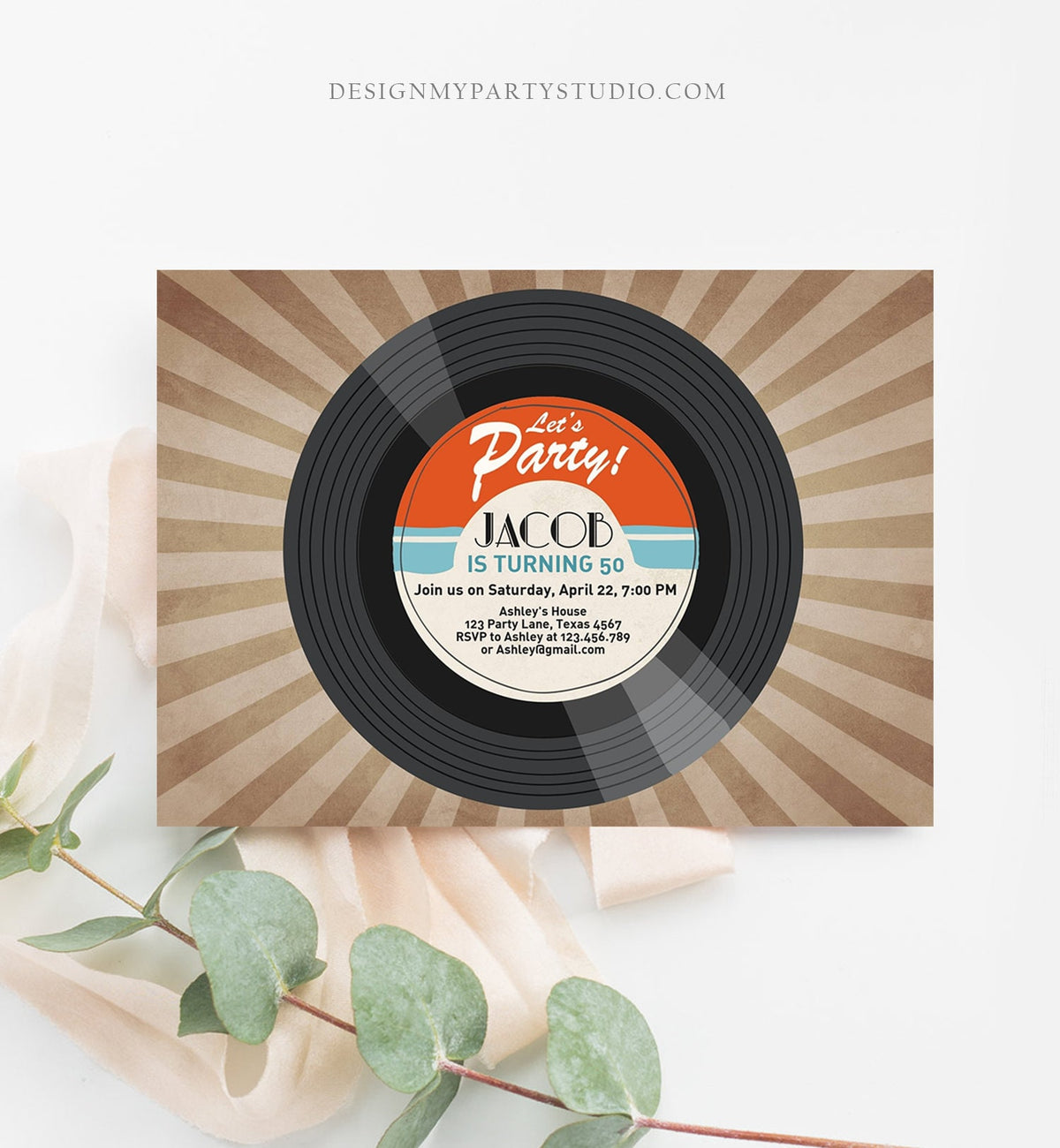 Editable Adult Birthday Invitation Vintage Vinyl Record Invite Oldies Surprise Birthday Download Printable Invitation Template Corjl 0294