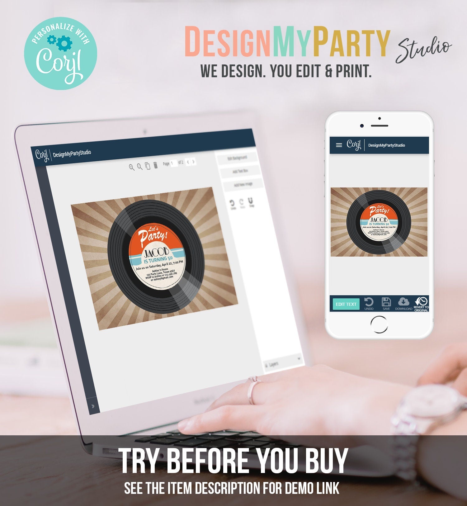 Editable Adult Birthday Invitation Vintage Vinyl Record Invite Oldies Surprise Birthday Download Printable Invitation Template Corjl 0294