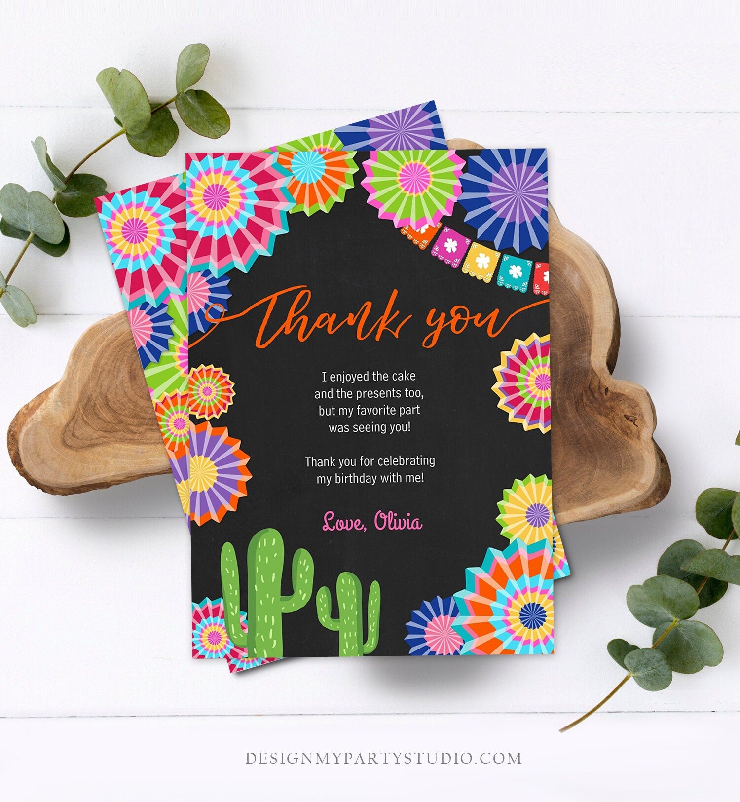 Editable Fiesta Birthday Thank You Card Insert Let's Fiesta Mexican Cactus Thank You Note Download Digital Corjl Template Printable 0236