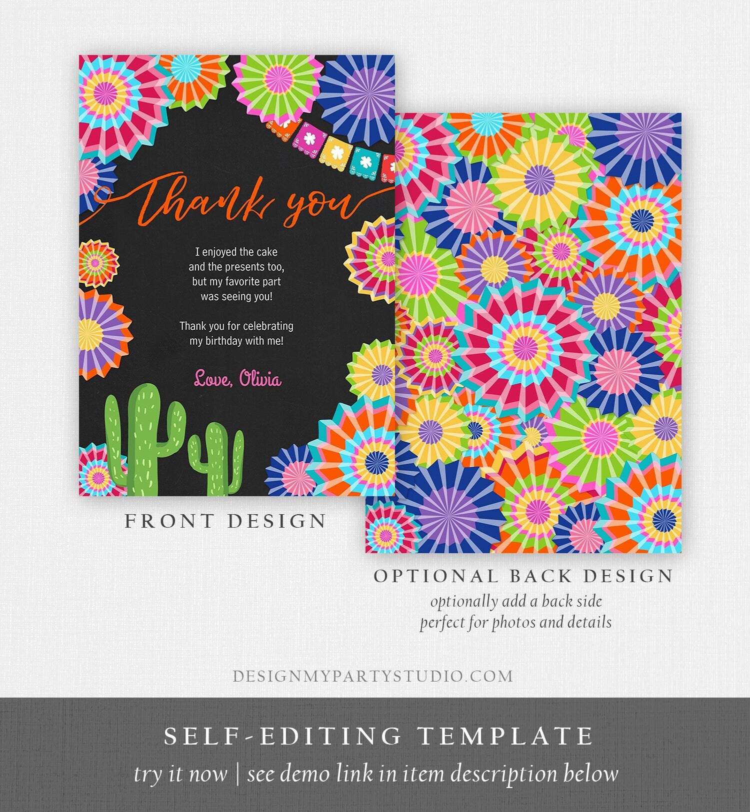 Editable Fiesta Birthday Thank You Card Insert Let's Fiesta Mexican Cactus Thank You Note Download Digital Corjl Template Printable 0236