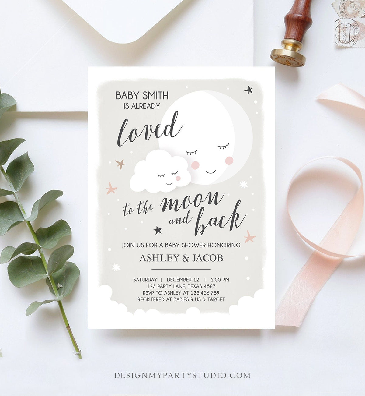 Editable Loved to the Moon Baby Shower Invitation Stars Moon and Back Invites Gender Neutral Grey Boy Sprinkle Template Download Corjl 0113