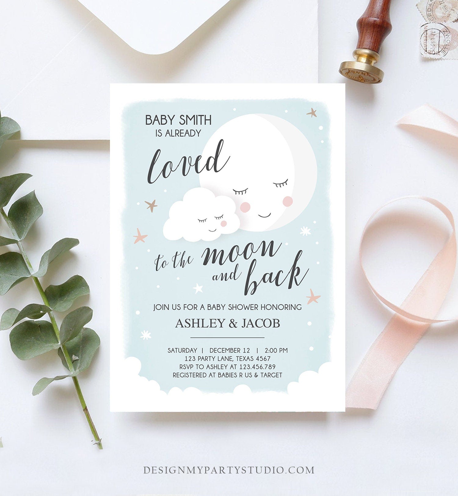 Editable Loved to the Moon Baby Shower Invitation Stars Moon and Back Invites Blue Boy Baby Shower Sprinkle Template Download Corjl 0113
