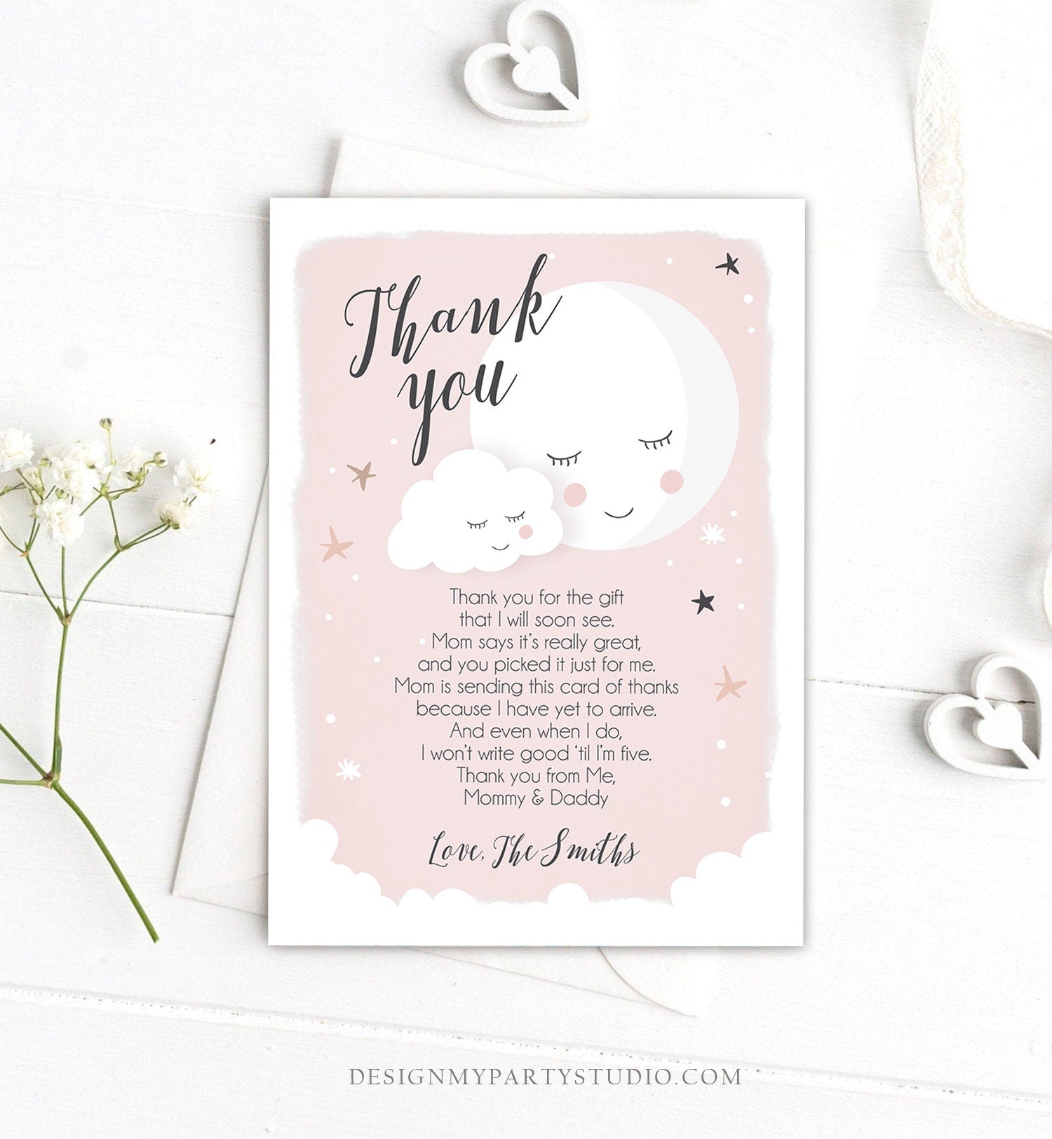 Editable Thank You Card Baby Shower Girl Loved to the Moon and Back Stars Thank You Pink Girl Sprinkle Template Instant Download Corjl 0113