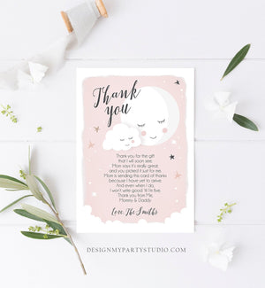 Editable Thank You Card Baby Shower Girl Loved to the Moon and Back Stars Thank You Pink Girl Sprinkle Template Instant Download Corjl 0113