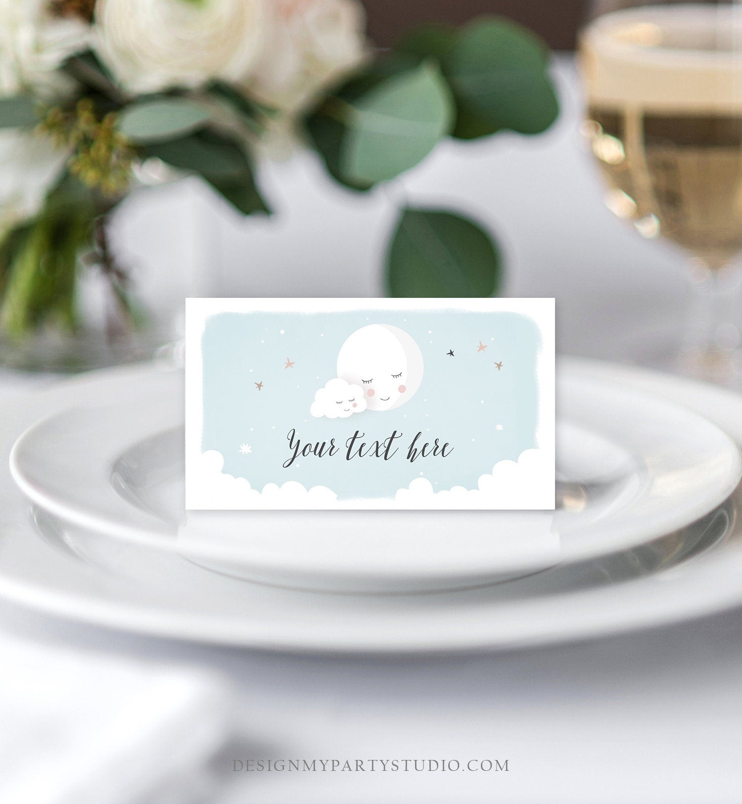 Editable Moon Food Labels Moon Place Cards Loved to the Moon Baby shower Tent Card Escort Card Blue Boy Printable Corjl Template 0113