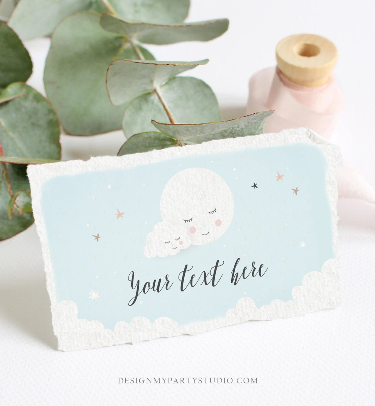 Editable Moon Food Labels Moon Place Cards Loved to the Moon Baby shower Tent Card Escort Card Blue Boy Printable Corjl Template 0113