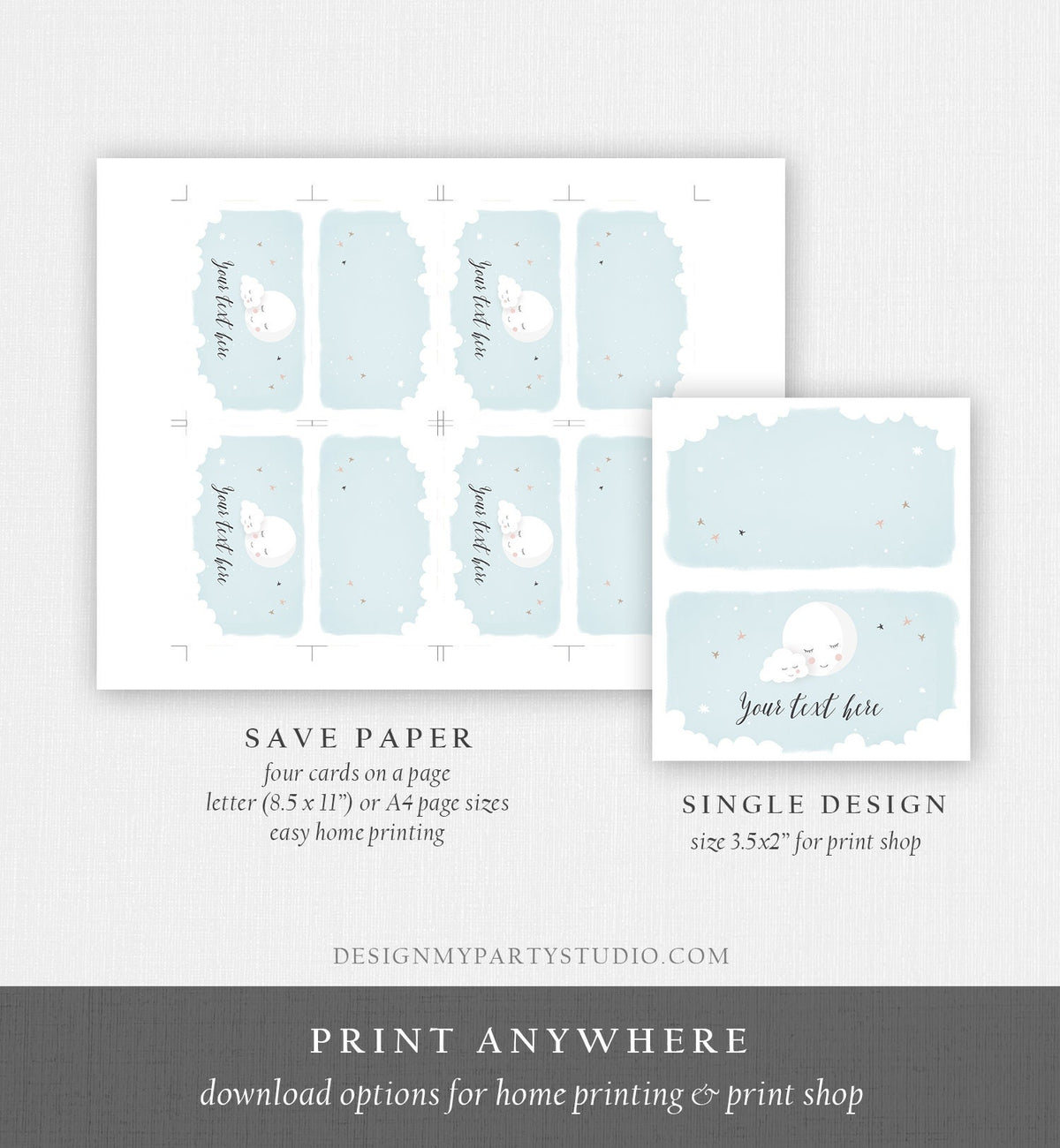 Editable Moon Food Labels Moon Place Cards Loved to the Moon Baby shower Tent Card Escort Card Blue Boy Printable Corjl Template 0113