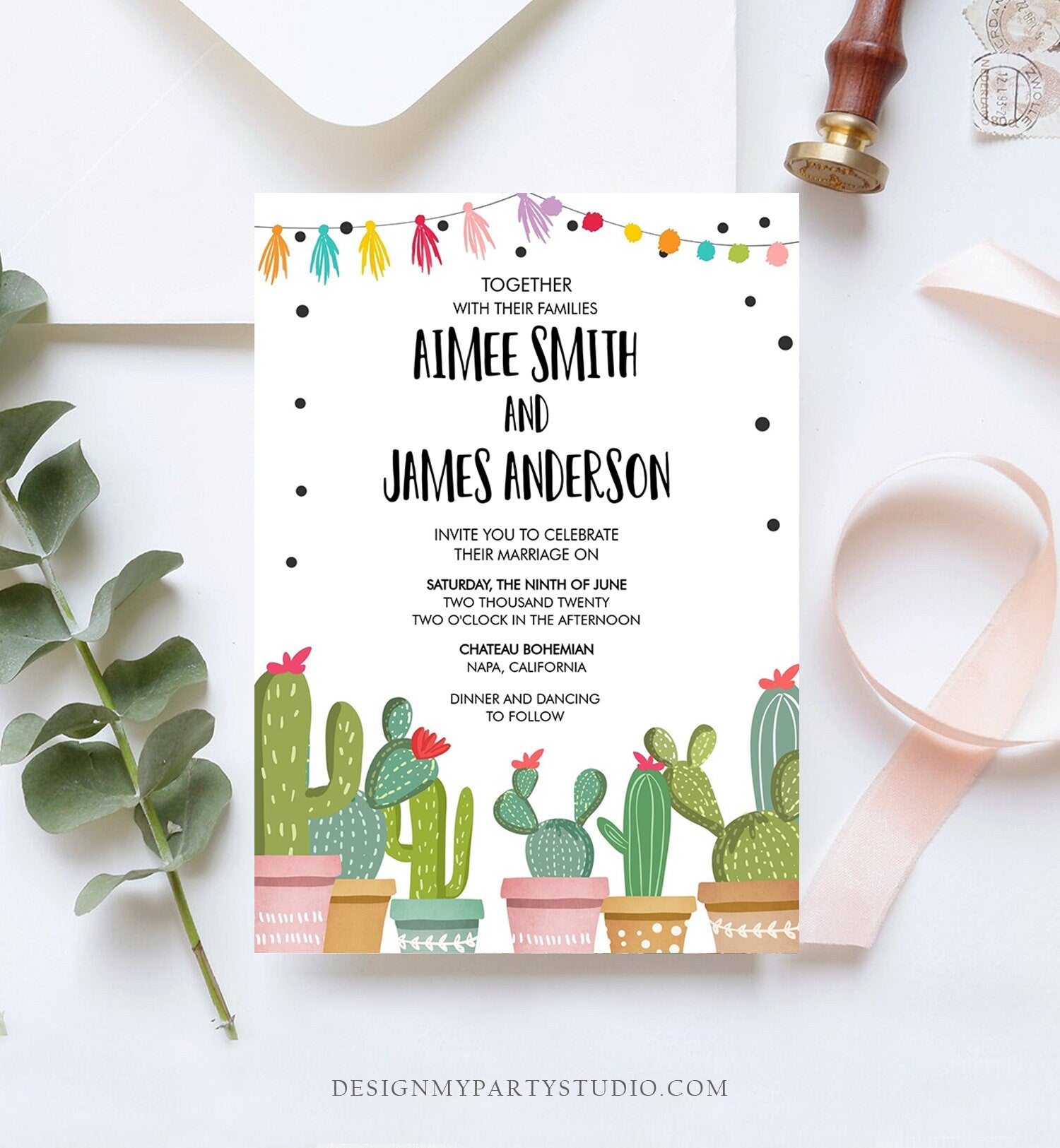 Editable Cactus Wedding Invitation Fiesta Wedding Invite Mexican Succulent Bohemian Instant Digital Download Corjl Template Printable 0254