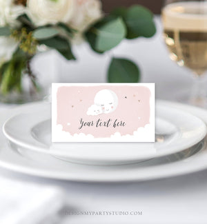 Editable Moon Food Labels Moon Place Cards Loved to the Moon Baby shower Tent Card Escort Card Pink Girl Printable Corjl Template 0113