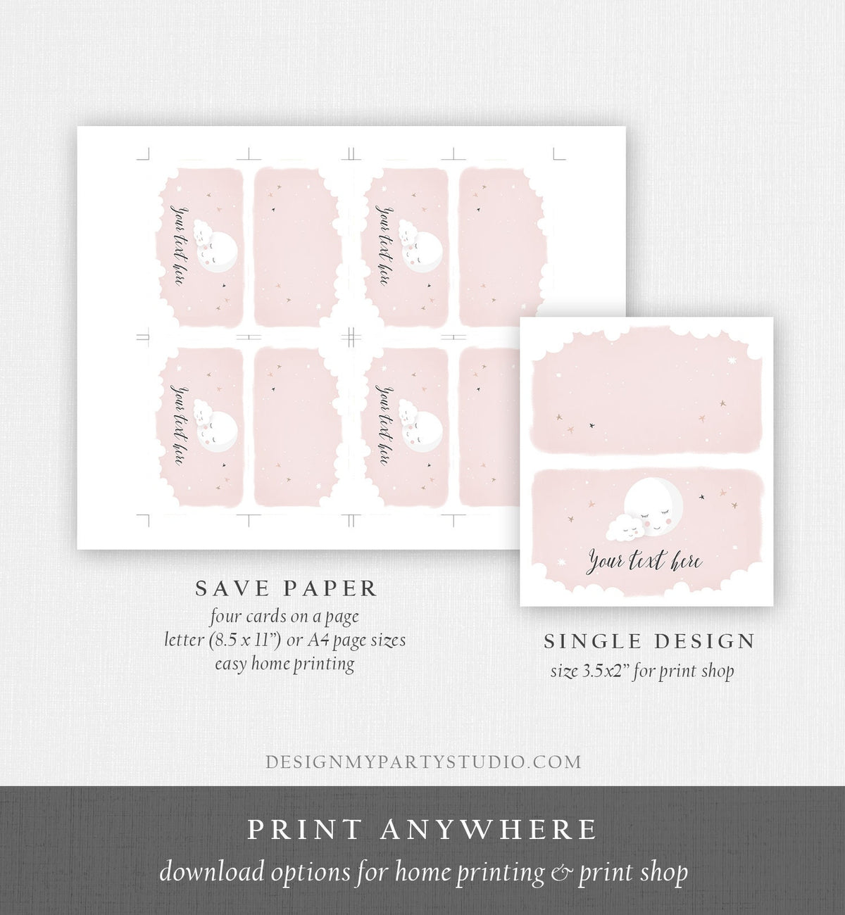 Editable Moon Food Labels Moon Place Cards Loved to the Moon Baby shower Tent Card Escort Card Pink Girl Printable Corjl Template 0113