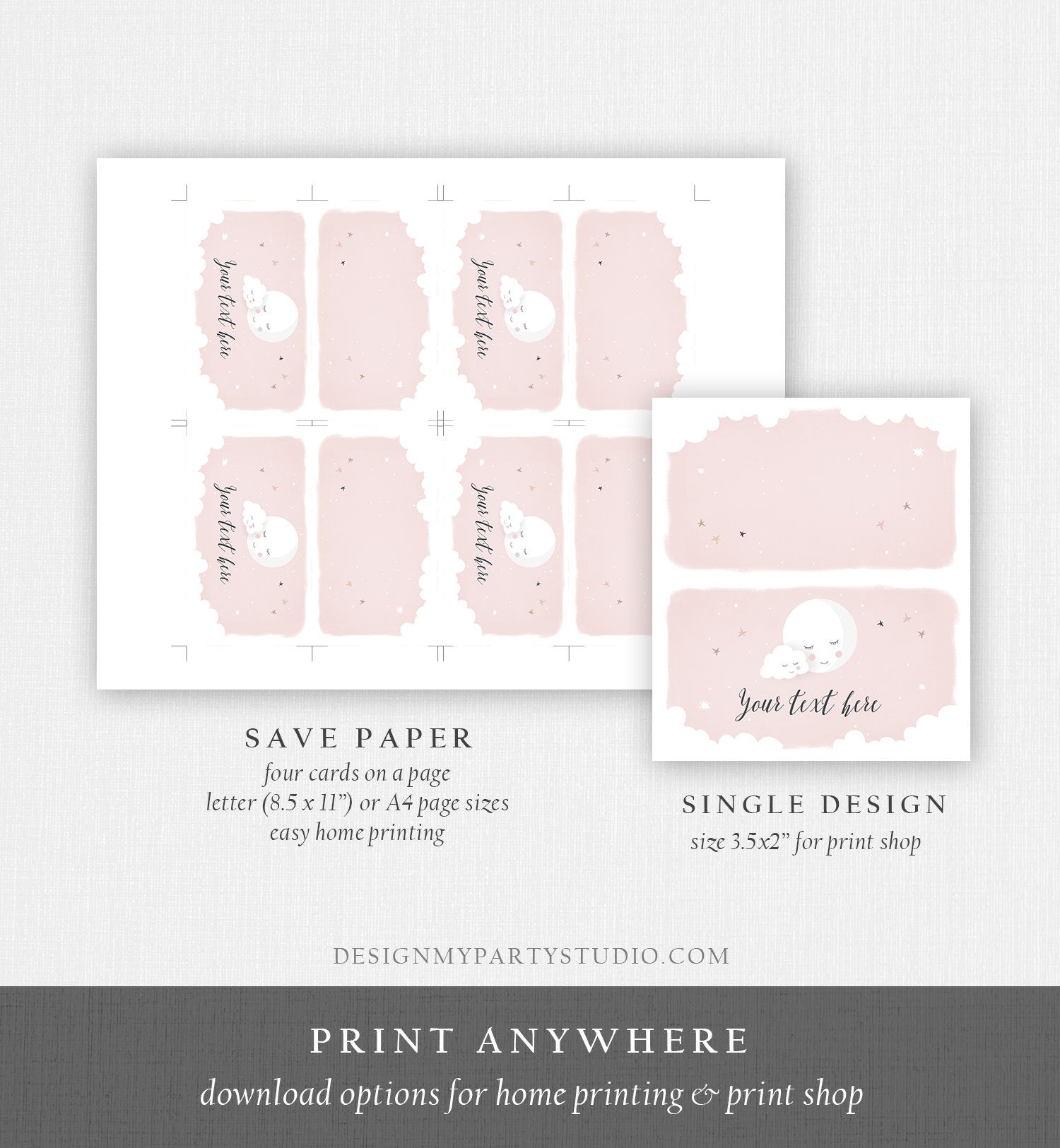 Editable Moon Food Labels Moon Place Cards Loved to the Moon Baby shower Tent Card Escort Card Pink Girl Printable Corjl Template 0113