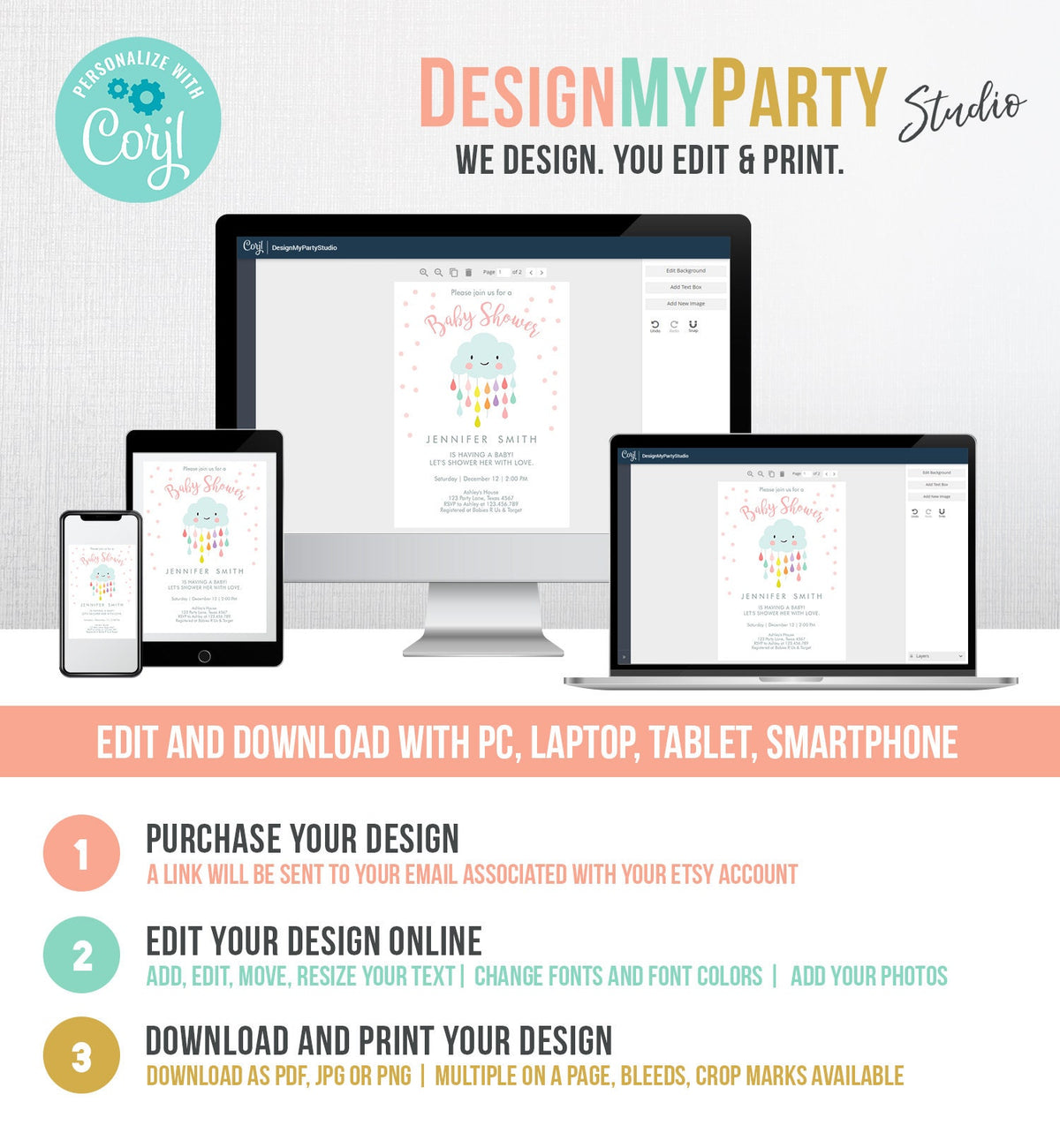 Editable Cloud Baby Shower Invitation Raindrop Shower with Love Rain drops Girl Pink Instant Download Printable Template Corjl Digital 0036