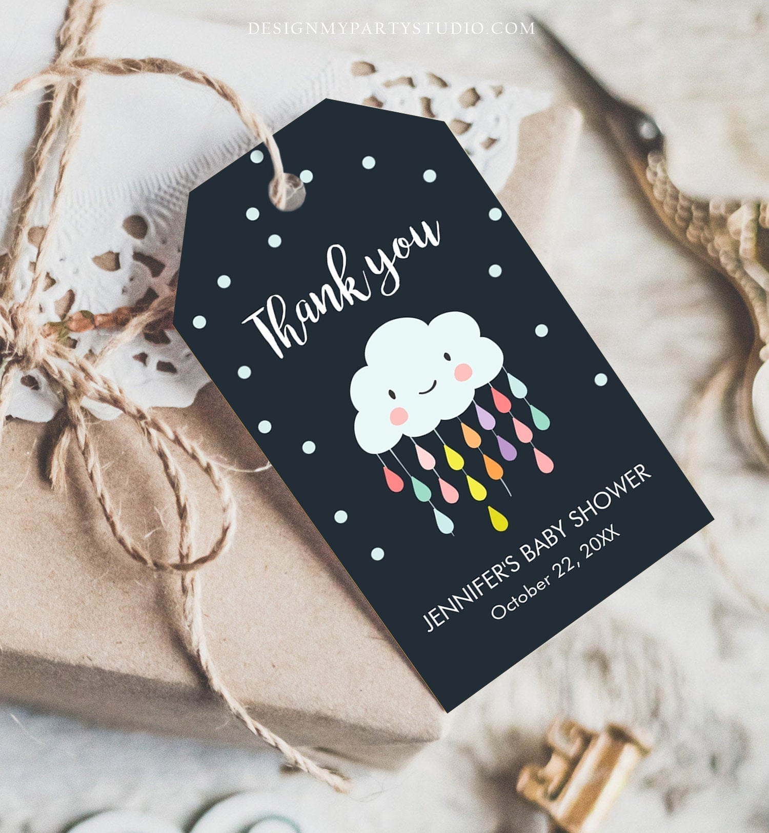 Editable Cloud Baby Shower Favor Tags Cloud Labels Cloud Thank you Tags Gift Tag Raindrops Navy Birthday Sprinkle Tags Template Corjl 0036
