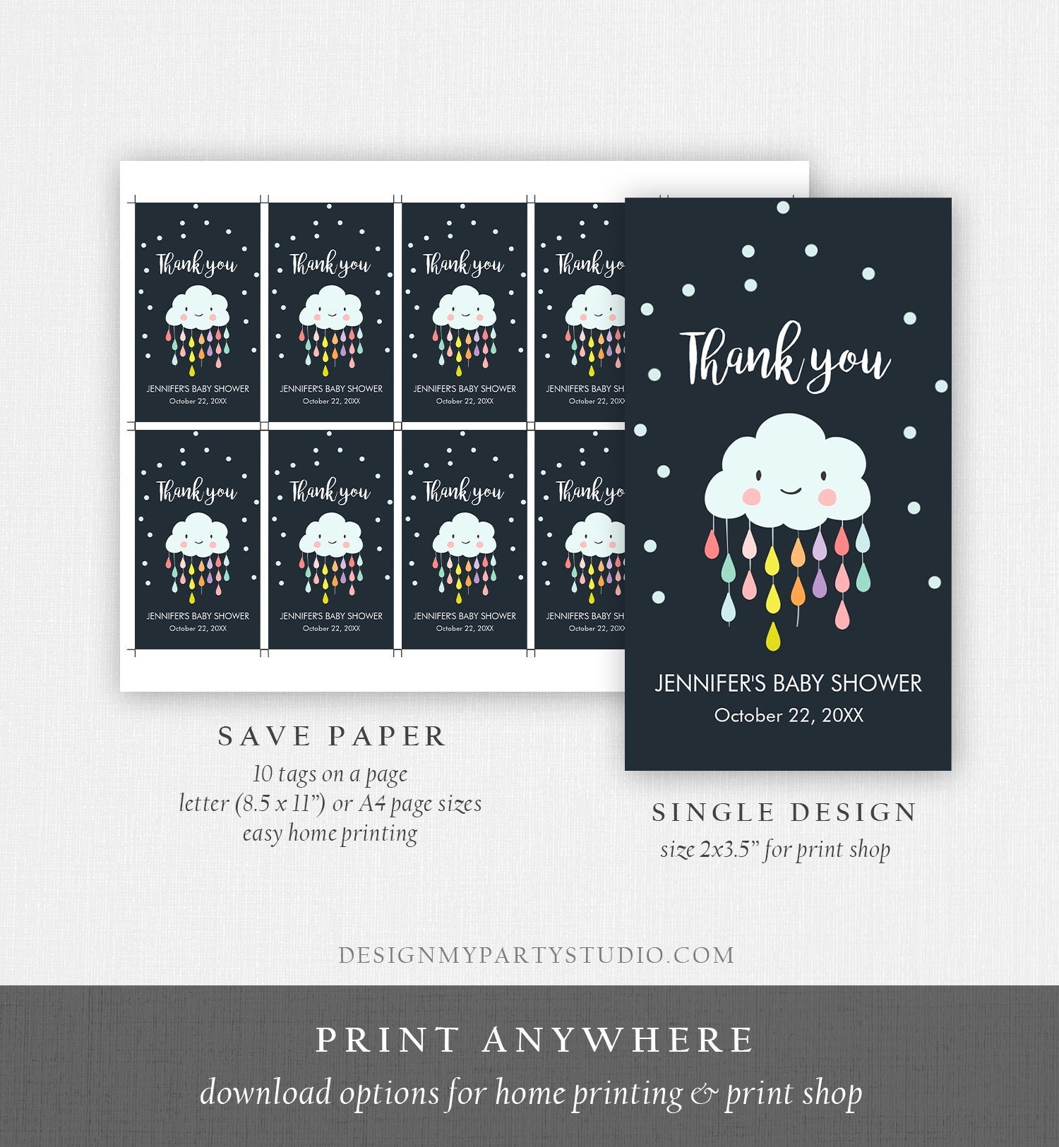 Editable Cloud Baby Shower Favor Tags Cloud Labels Cloud Thank you Tags Gift Tag Raindrops Navy Birthday Sprinkle Tags Template Corjl 0036