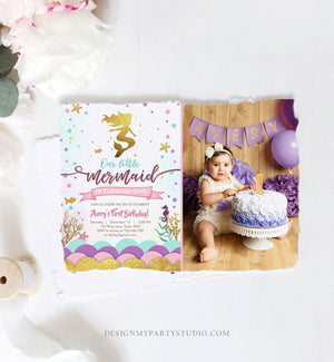 Editable Our Little Mermaid Birthday Invitation Under The Sea Girl Pink Purple Gold First Birthday 1st Corjl Template Printable 0076