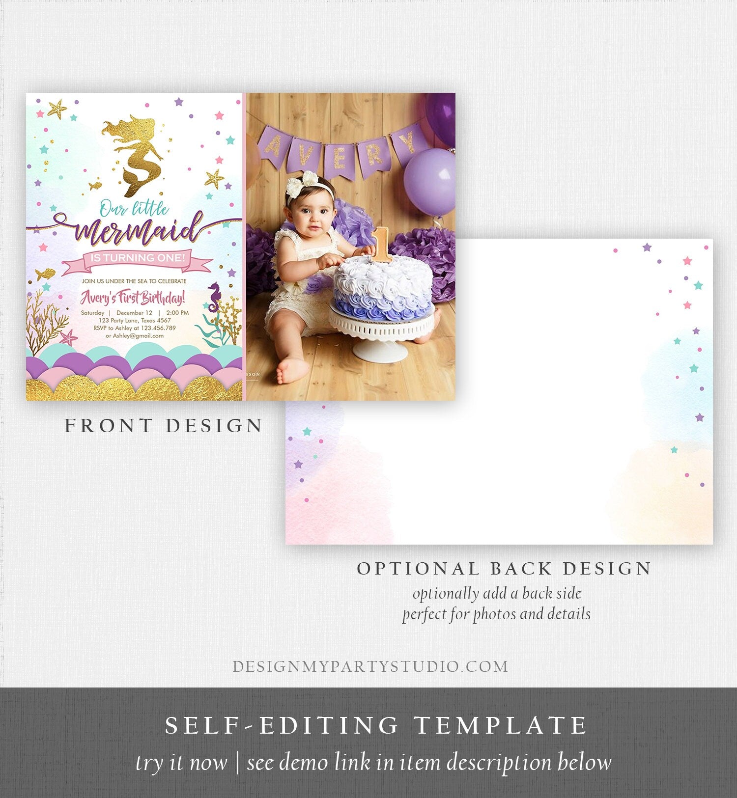 Editable Our Little Mermaid Birthday Invitation Under The Sea Girl Pink Purple Gold First Birthday 1st Corjl Template Printable 0076