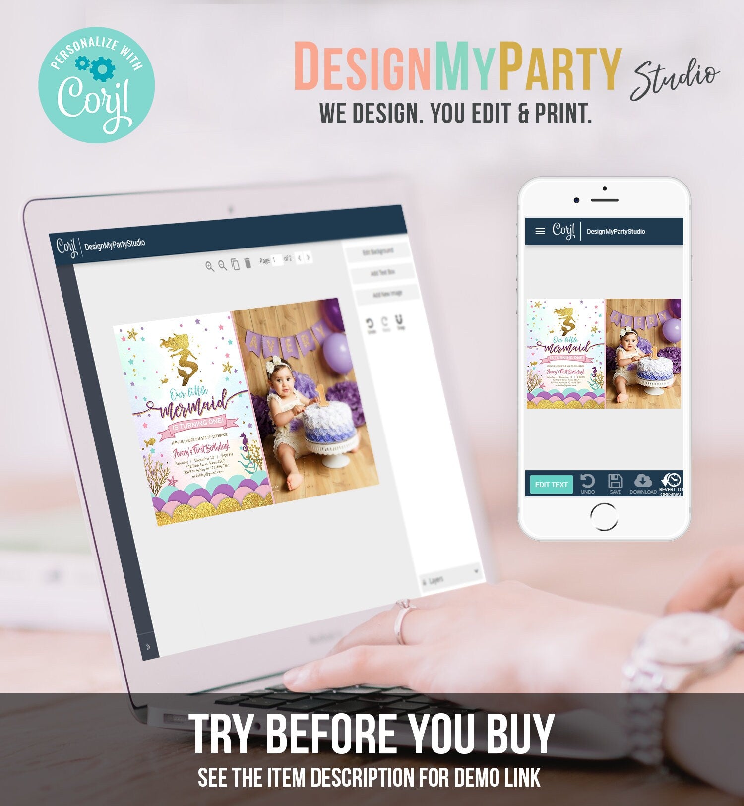 Editable Our Little Mermaid Birthday Invitation Under The Sea Girl Pink Purple Gold First Birthday 1st Corjl Template Printable 0076