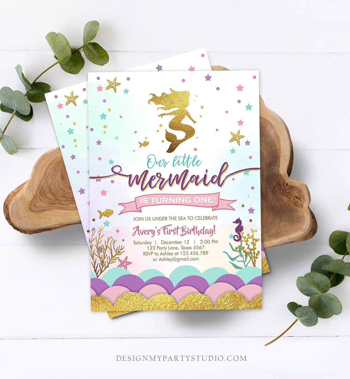 Editable Our Little Mermaid Birthday Invitation Under The Sea Girl Pink Purple Gold First Birthday 1st Corjl Template Printable 0076