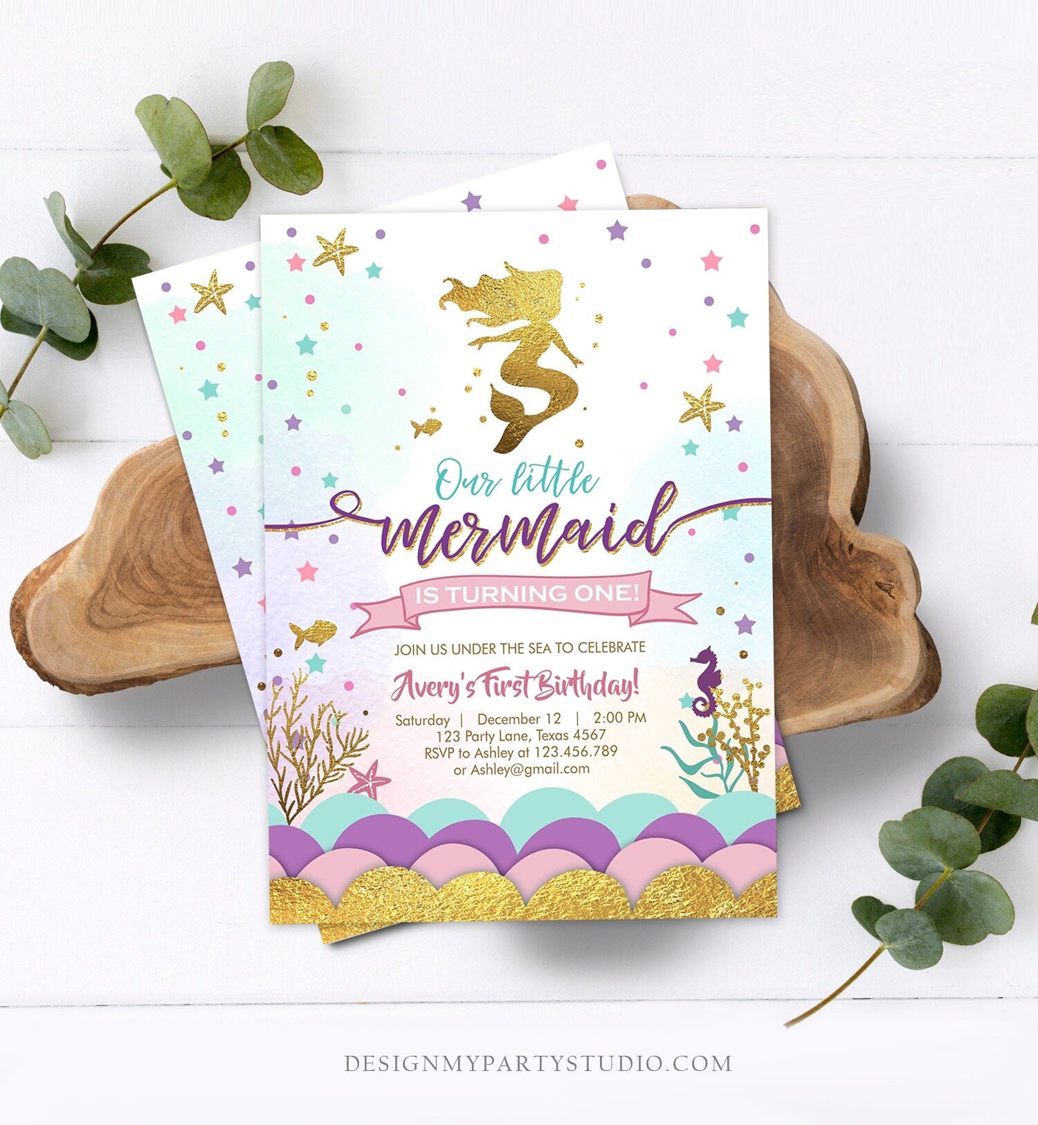 Editable Our Little Mermaid Birthday Invitation Under The Sea Girl Pink Purple Gold First Birthday 1st Corjl Template Printable 0076