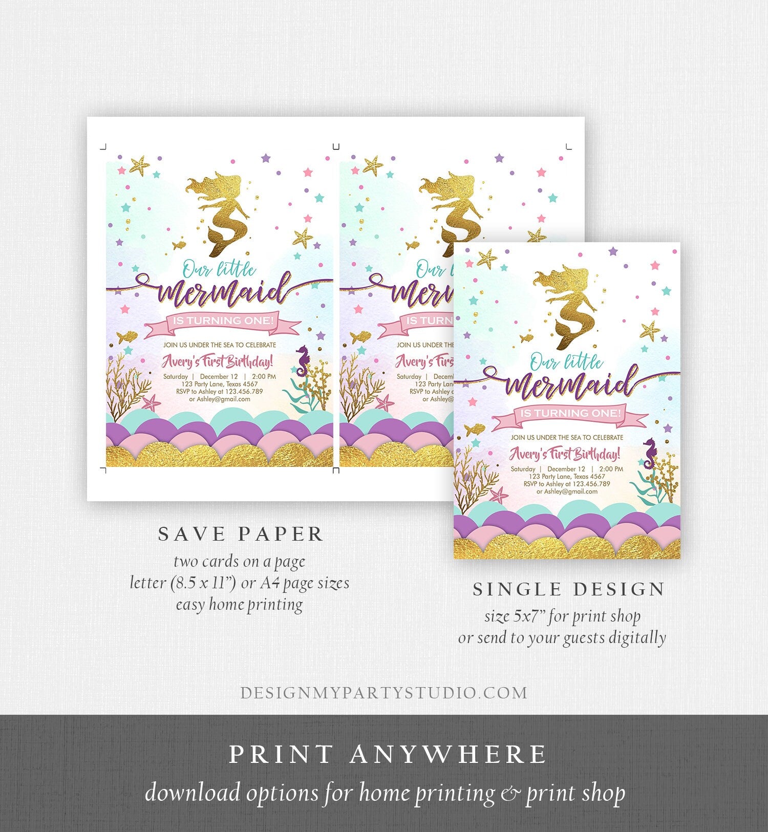 Editable Our Little Mermaid Birthday Invitation Under The Sea Girl Pink Purple Gold First Birthday 1st Corjl Template Printable 0076