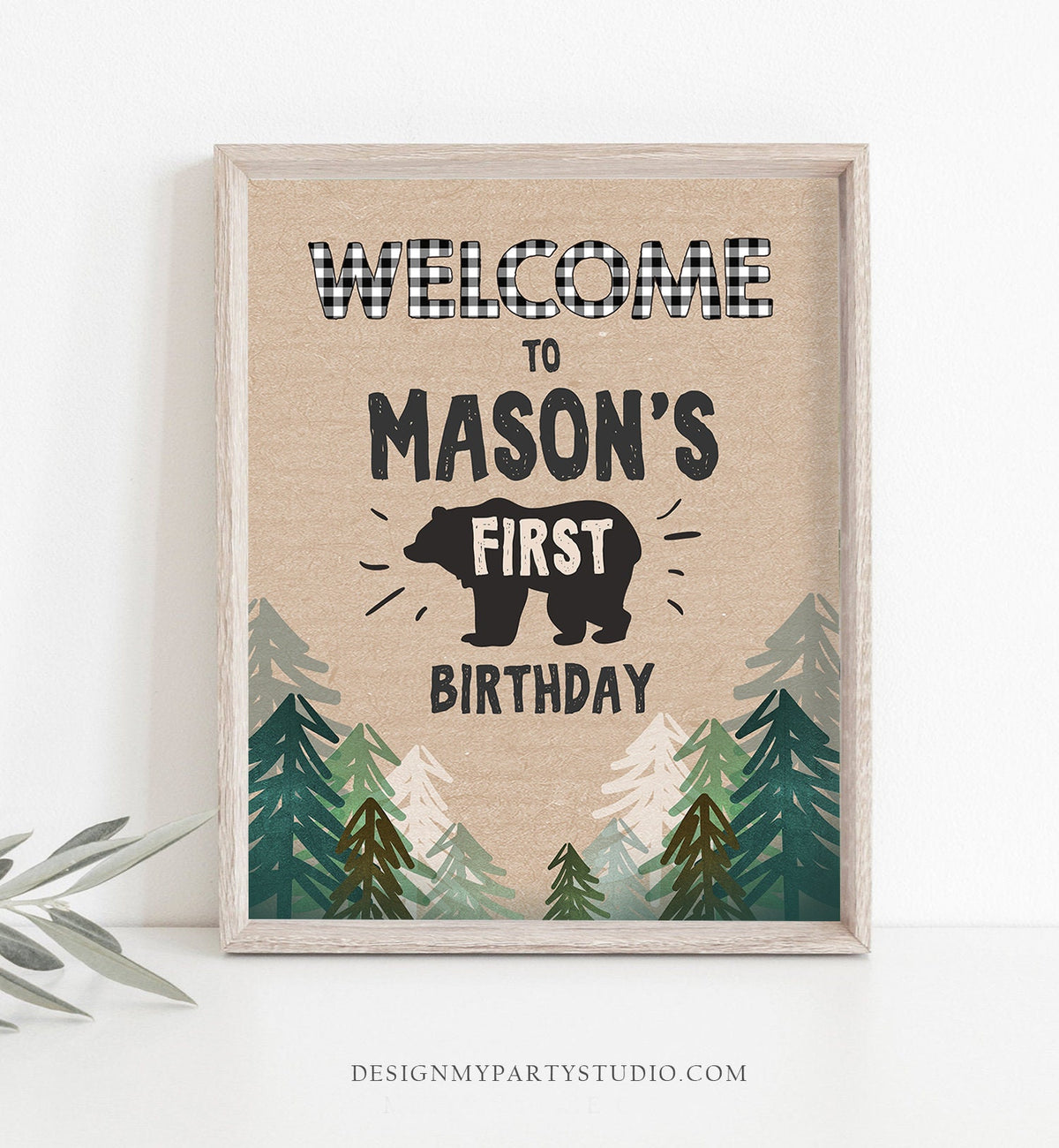 Editable Lumberjack Welcome Sign Lumberjack Birthday Sign Buffalo Plaid Black White 1st Birthday Bear Wild One Trees Template Corjl 0026
