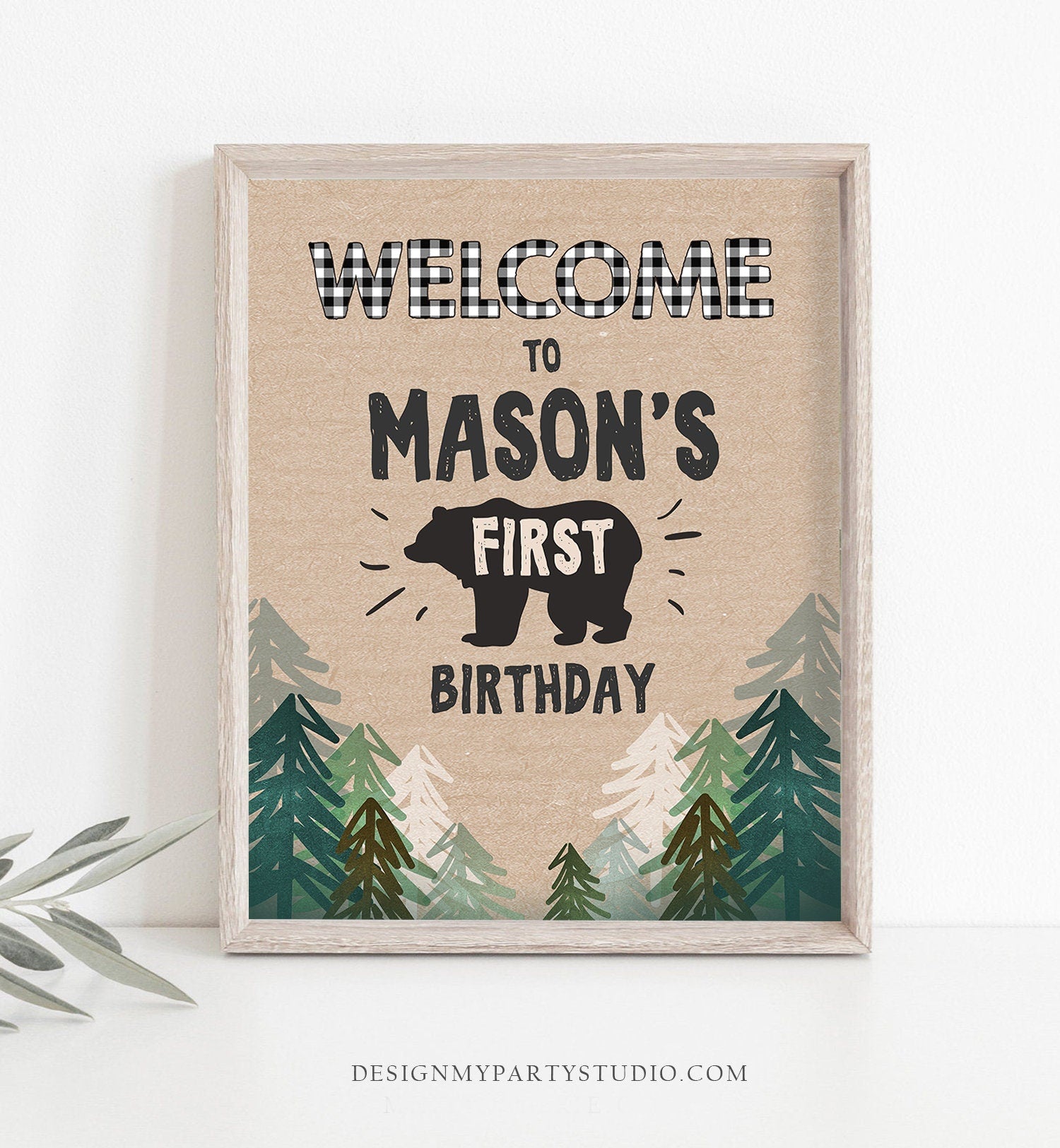 Editable Lumberjack Welcome Sign Lumberjack Birthday Sign Buffalo Plaid Black White 1st Birthday Bear Wild One Trees Template Corjl 0026