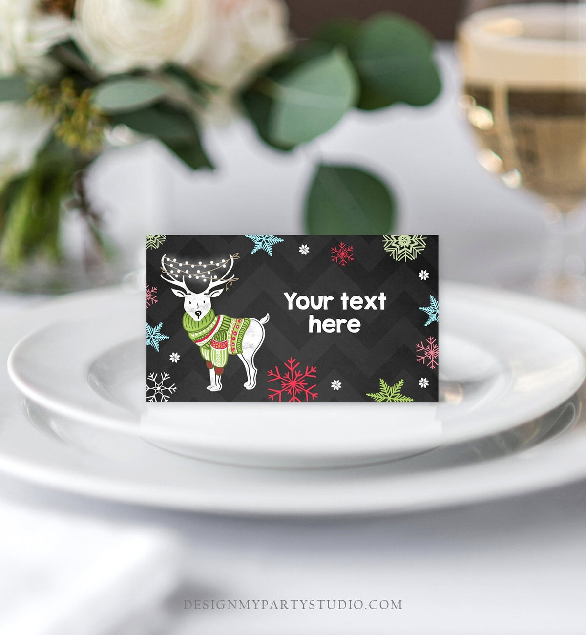 Editable Ugly Sweater Food Labels Christmas Party Place Cards Tent Card Escort Card Snowflakes Deer Winter Birthday Corjl Template 0053