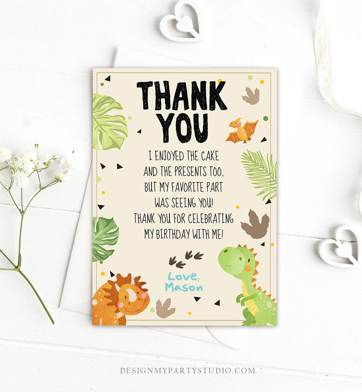 Editable Dinosaur Thank You Card Boy Prehistoric Dino Dig Party T-Rex Fossil Foot Prints Digital Download Printable Template Corjl 0283
