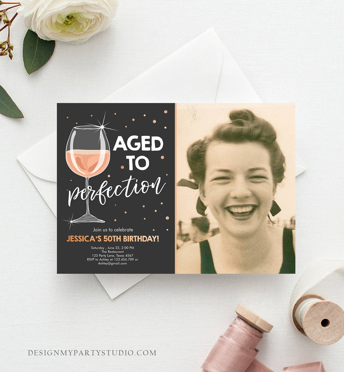 Editable Aged to Perfection Birthday Invitation Wine Adult Birthday Invite Rustic Surprise Gold Pink Download Printable Template Corjl 0252