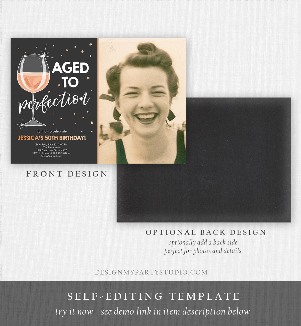 Editable Aged to Perfection Birthday Invitation Wine Adult Birthday Invite Rustic Surprise Gold Pink Download Printable Template Corjl 0252