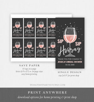 Editable Sip Sip Hooray Bridal shower thank you tags Wine Bottle Tags Chalk Pink Mini Champagne Wedding Digital PRINTABLE Corjl 0252