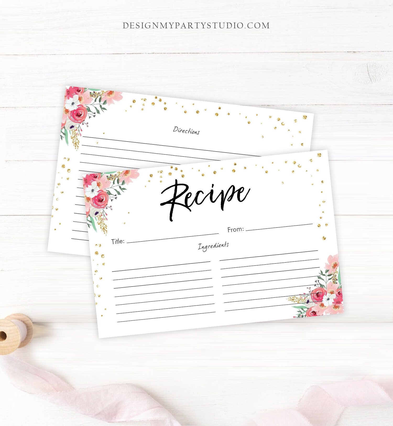 Editable Pink Floral Recipe Cards Travel Brunch and Bubbly Bridal Shower Miss to Mrs Gold Confetti Double Sided 4x6 Corjl Template 0030 0318
