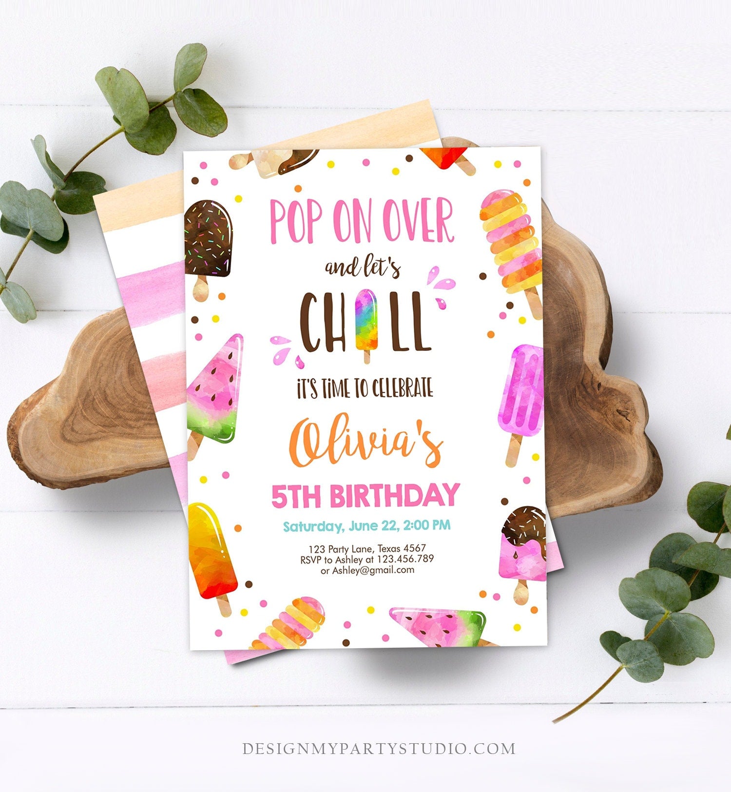 Editable Popsicle Birthday Invitation Pink Girl Birthday Summer Pool Party Popsicle Party Swim Download Printable Template Corjl 0143