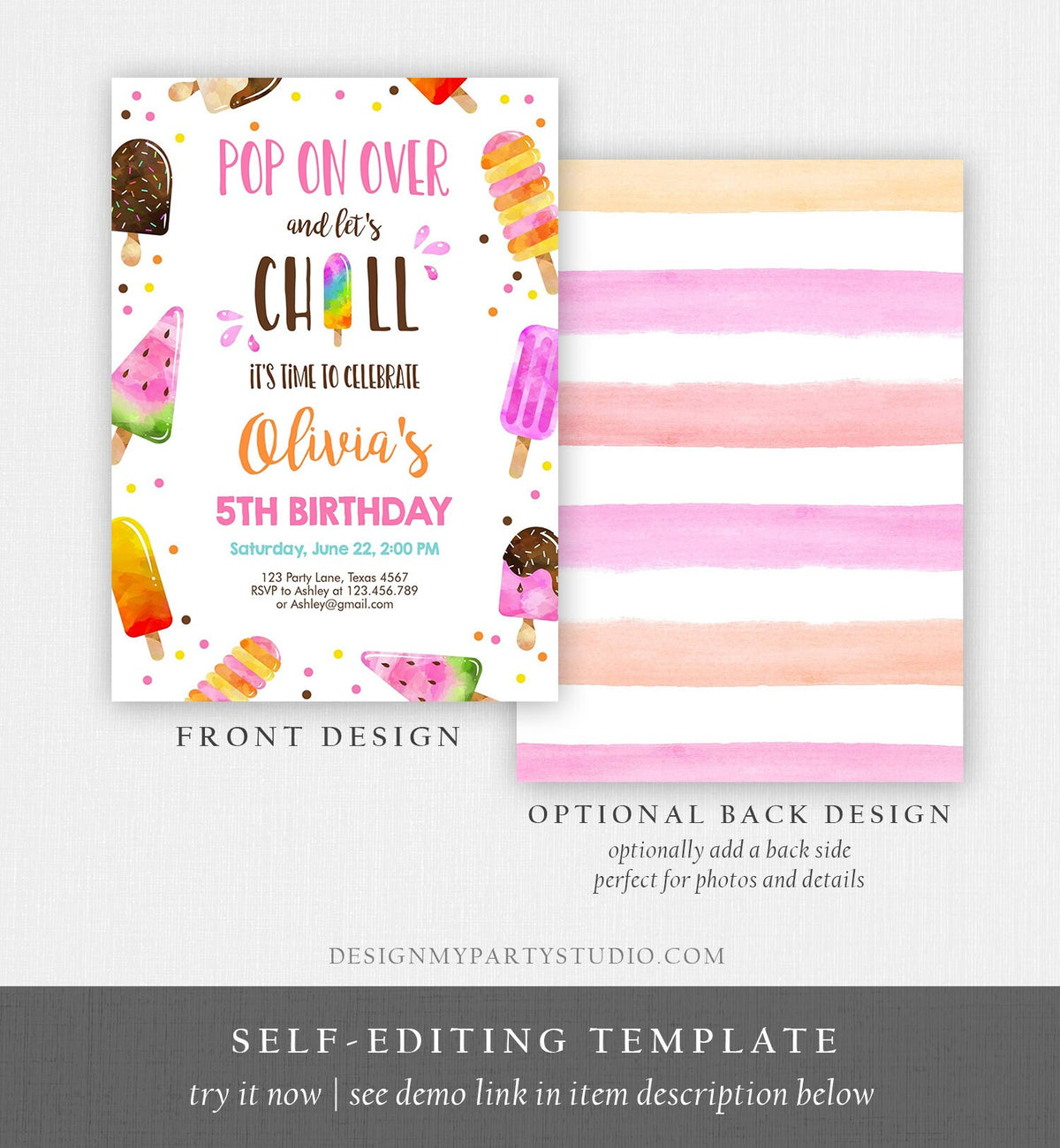Editable Popsicle Birthday Invitation Pink Girl Birthday Summer Pool Party Popsicle Party Swim Download Printable Template Corjl 0143