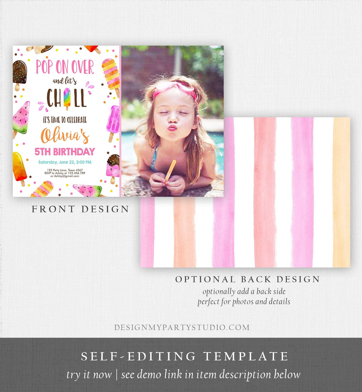 Editable Popsicle Birthday Invitation Pink Girl Birthday Summer Pool Party Popsicle Party Swim Download Printable Template Corjl 0143