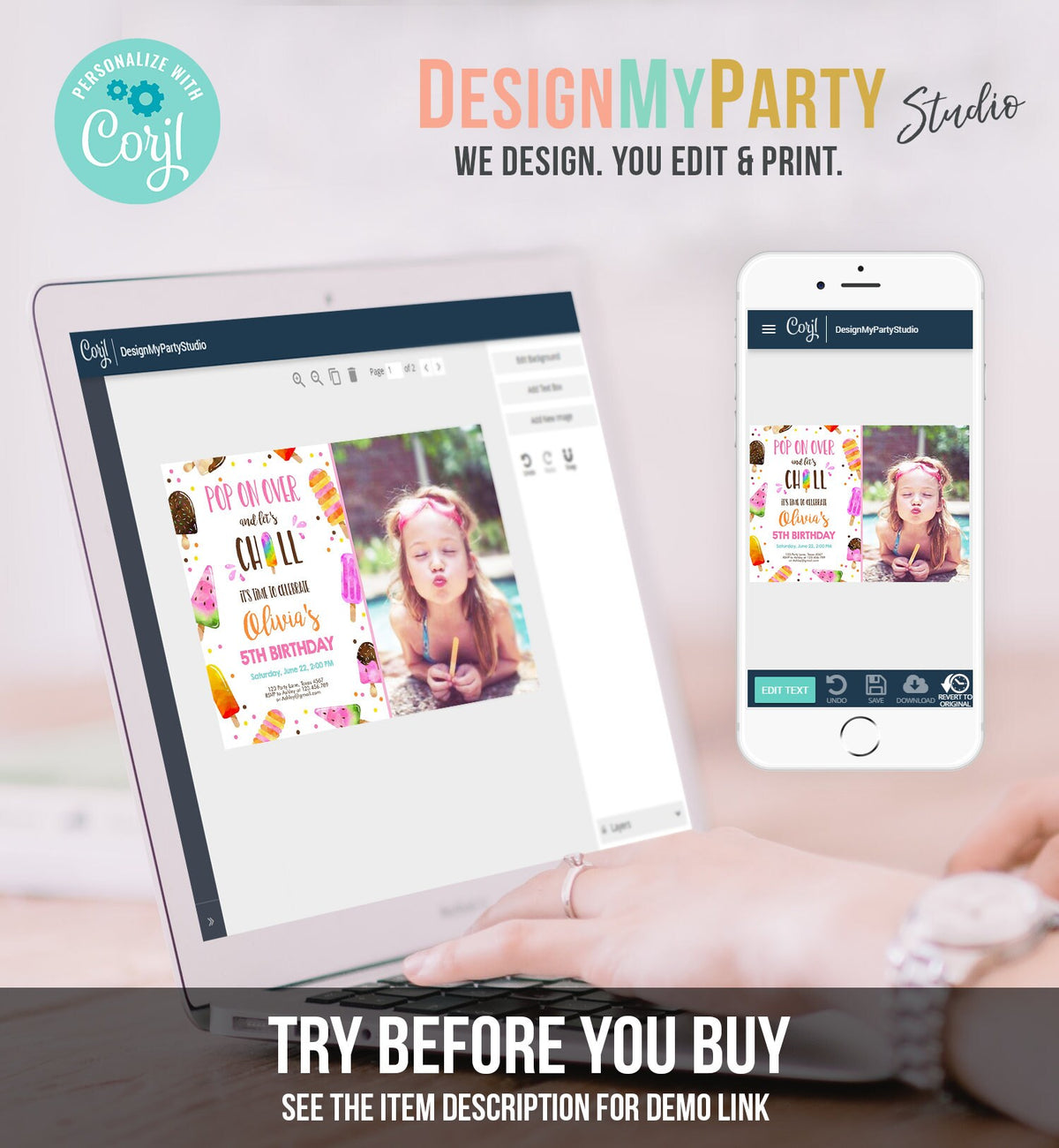 Editable Popsicle Birthday Invitation Pink Girl Birthday Summer Pool Party Popsicle Party Swim Download Printable Template Corjl 0143