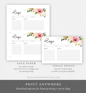 Editable Recipe Card Kitchen Bridal Shower Floral Recipe Card Pink Boho Recipe Card Shower Download Printable Corjl Template Digital 0166