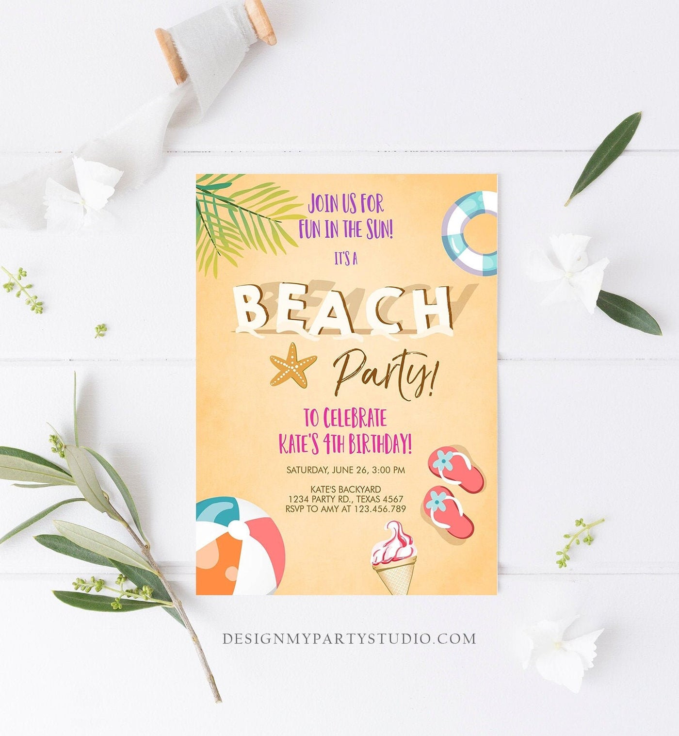 Editable Beach Party Invitation Birthday Invite Surf Party Summer Sea ...